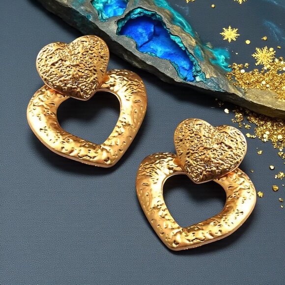 🆕️Boho Chic Heart Textured Statement Earrings 18K Gold Plated Stainless Steel - Picture 1 of 14
